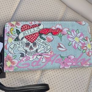 Ed Hardy Light Blue Floral Skull Zip Wallet with Pink Accents
